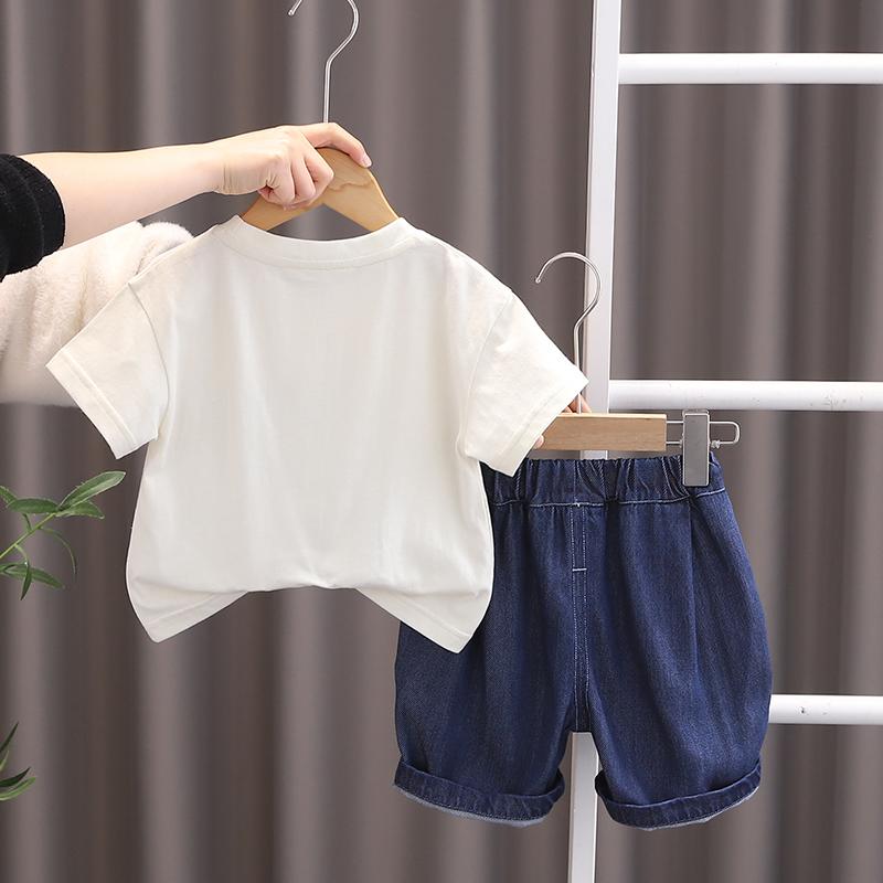 0-5-Year-old Boy's short sleeved set Children's round neck cartoon T-shirt casual denim shorts Comfortable clothes for baby boys