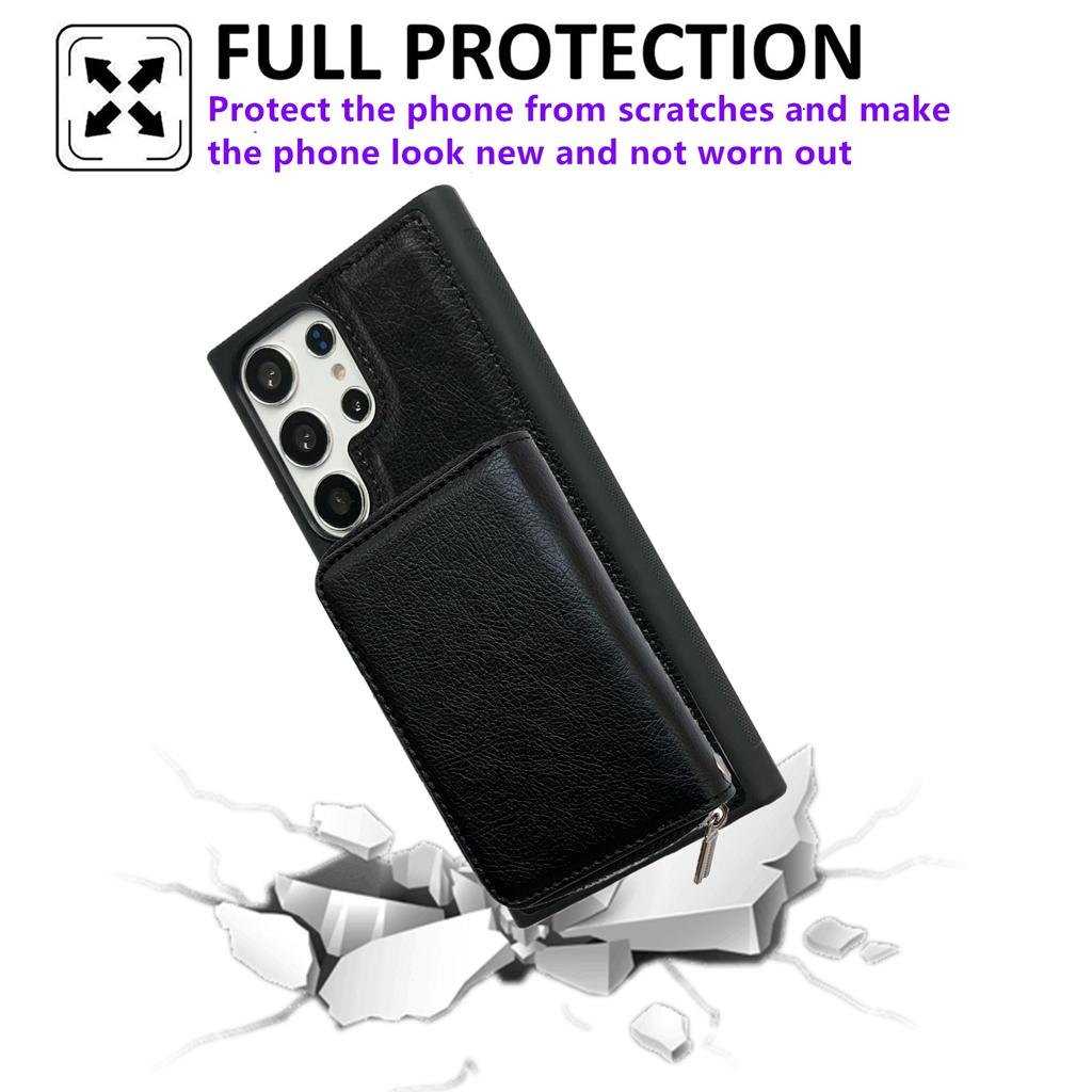 For Samsung Galaxy S25 Ultra Case Detachable Zipper Card Bag PU TPU Kickstand Phone Case with Strap