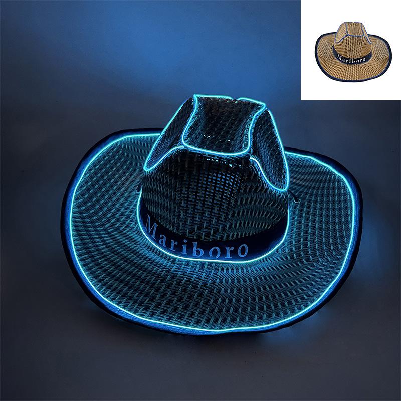 LED Luminous Cowboy Hat - Western Style for Men & Women, Large Brim Straw Sun Hat for Summer and Outdoor Performances