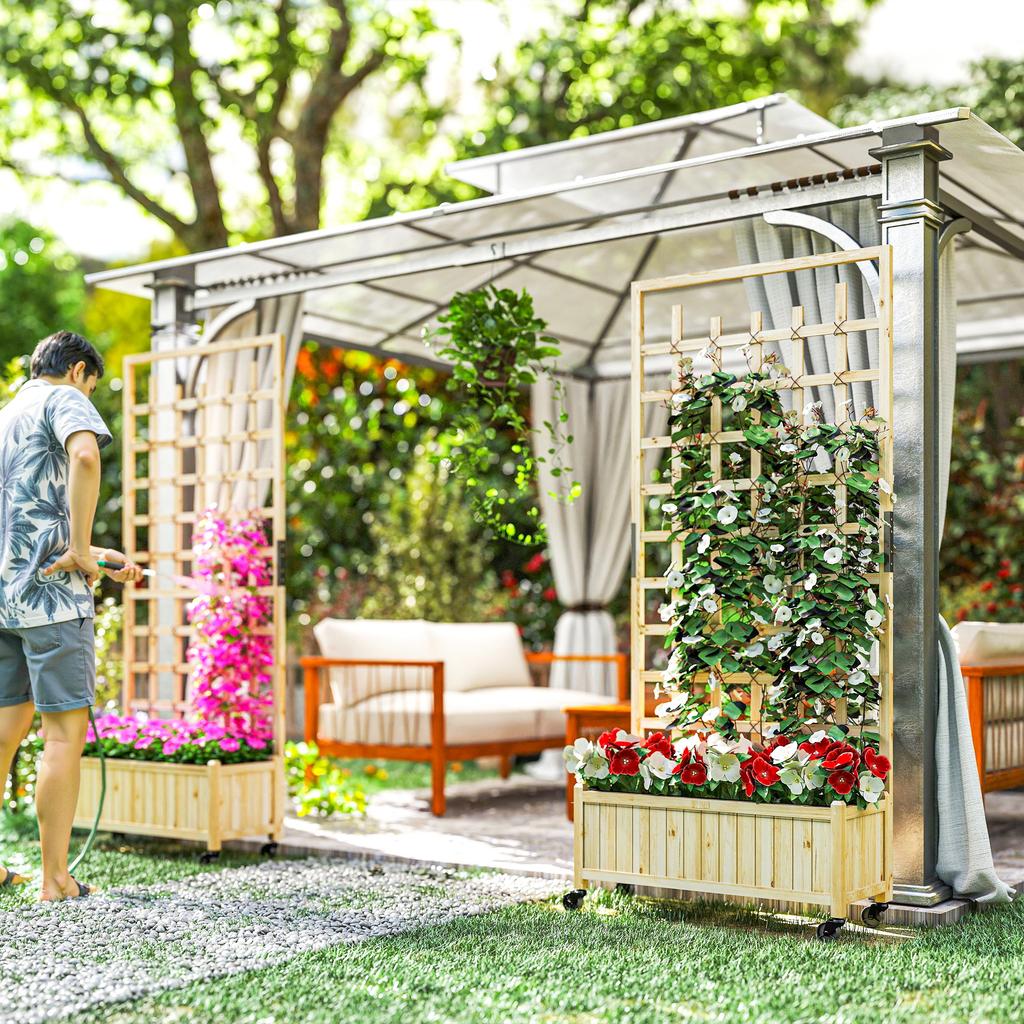 Wooden Trellis Planter, Raised Garden Bed with Wheels, To Climb and Grow Vegetables, Herbs and Flowers, Natural