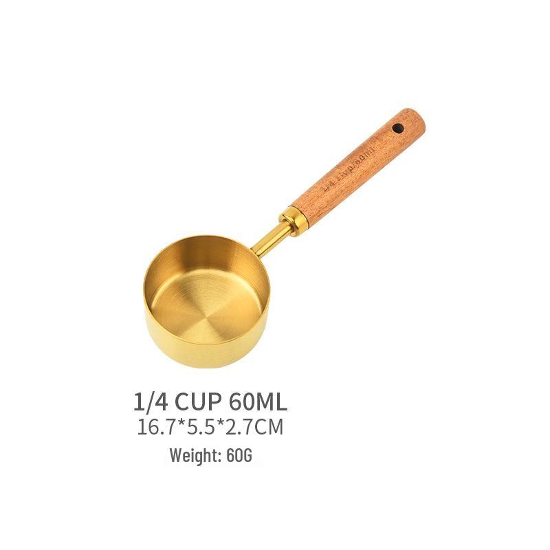 Gold-Plated Stainless Steel Measuring Cups & Spoons Set with Acacia Wood Handles – 8 Pieces