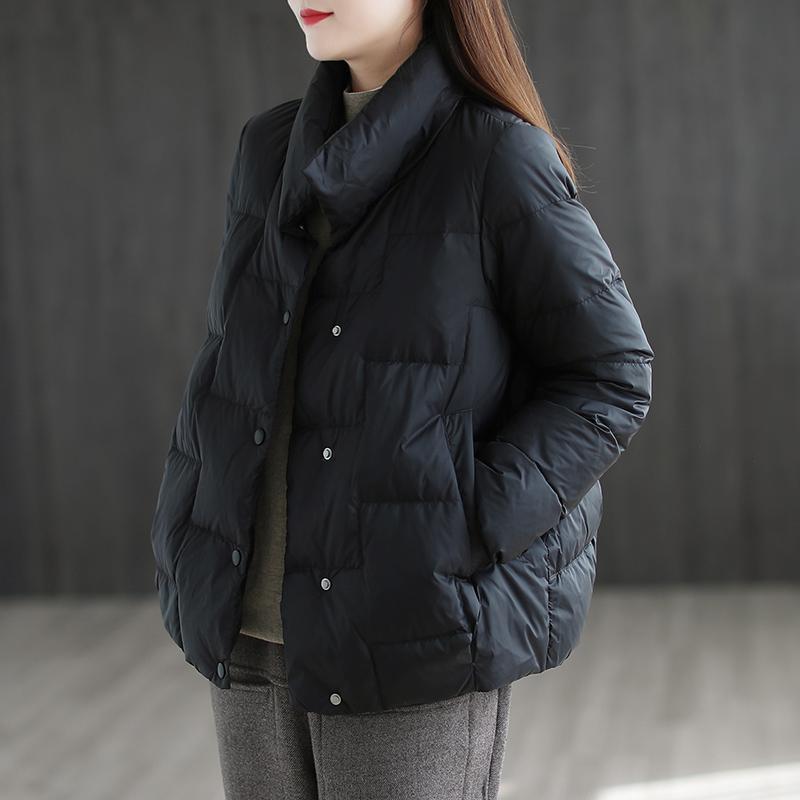 Women's Petite White Duck Down Short Jacket - Fashionable Stand-up Collar, Autumn/Winter, Loose Bread Style, Warm Coat.