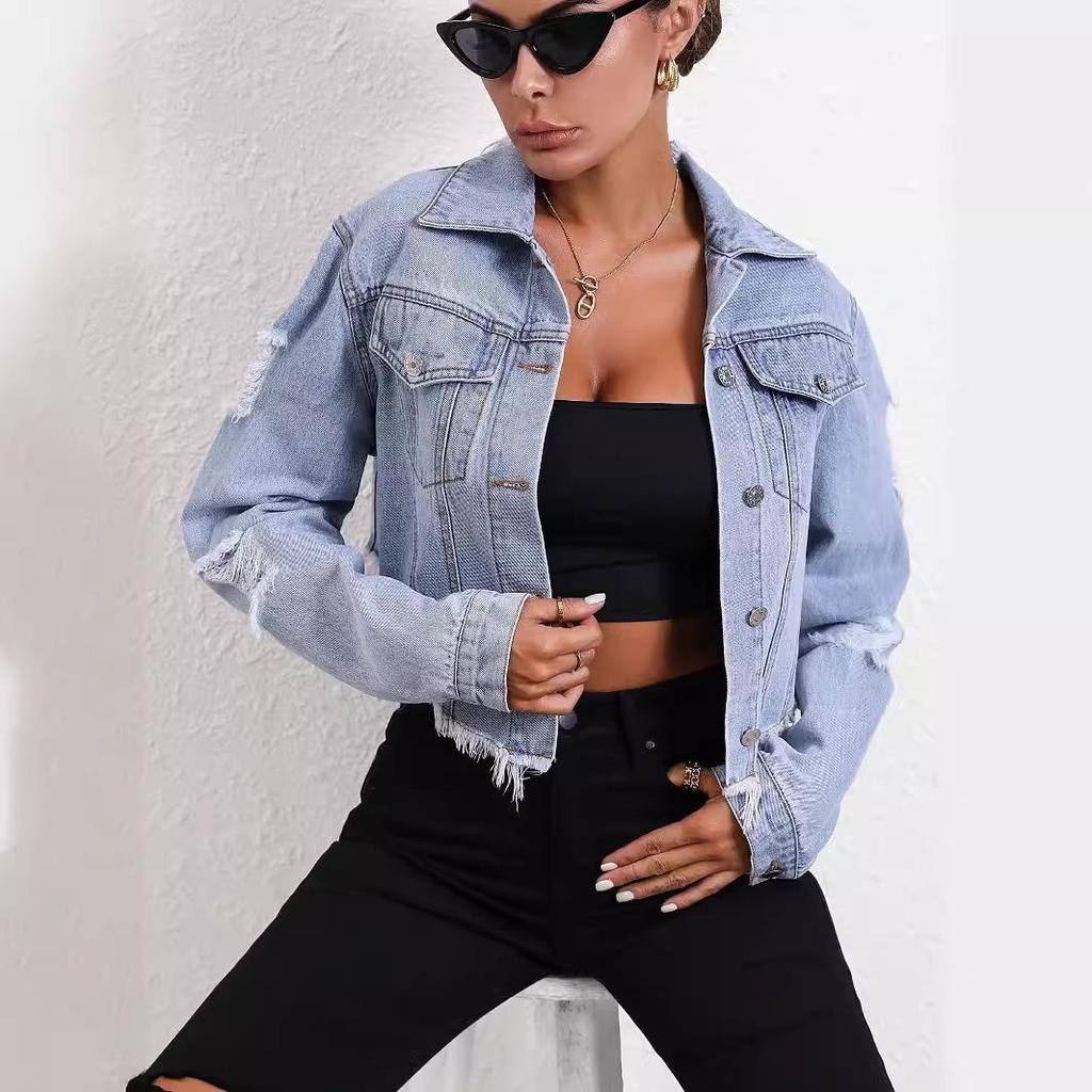 European & American Women's Casual Loose Ripped Long Sleeve Denim Jacket