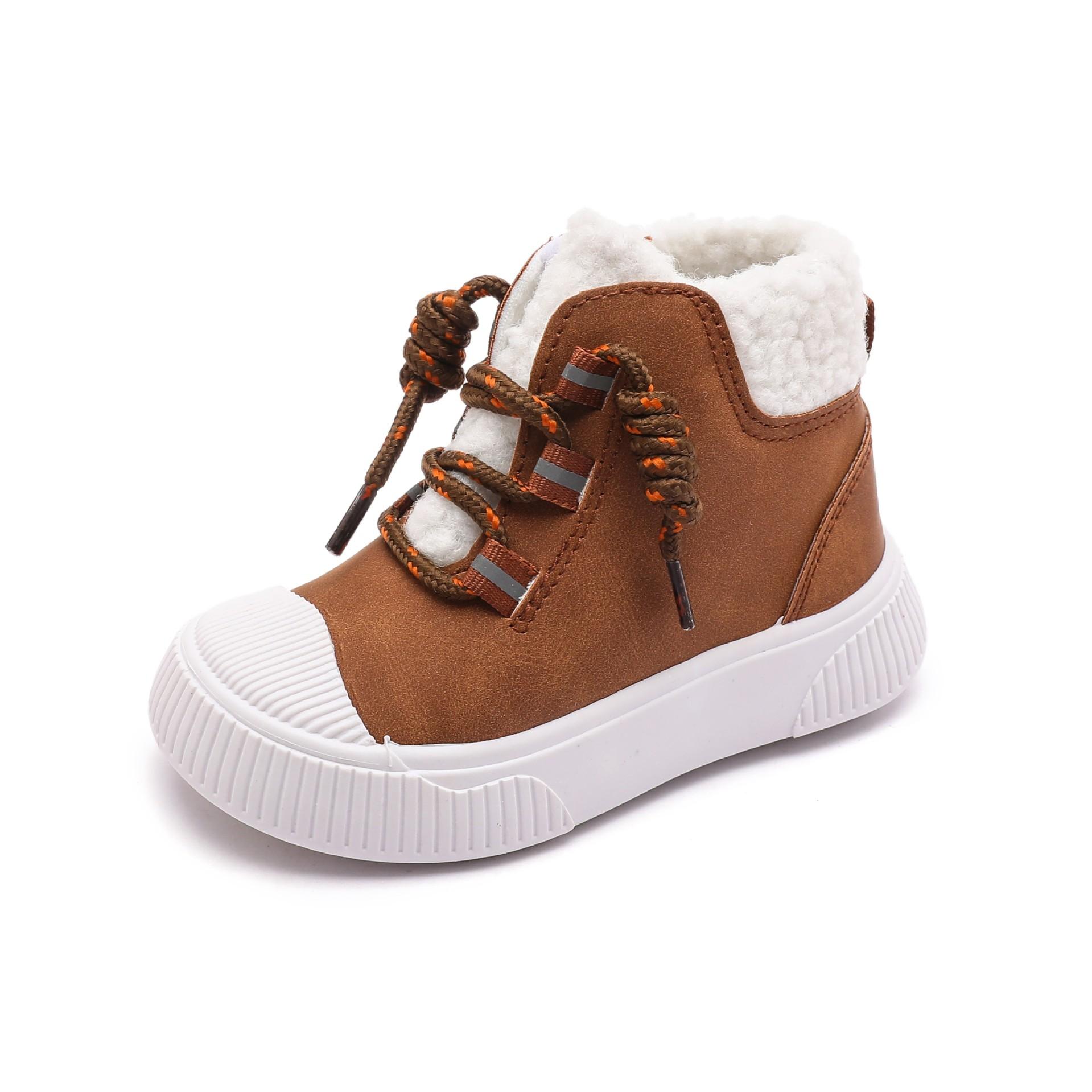 

Детские зимние ботинки Осень и Зима Мальчиковые хлопковые ботинки Плюс бархат Теплые Девочковые уличные Нескользящие короткие ботинки 20 темно-коричневого