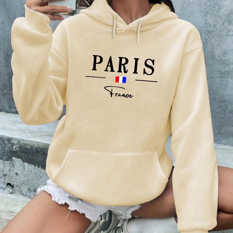 Women's autumn and winter warm and loose casual Paris pattern printed suede long sleeved hooded sweatshirt