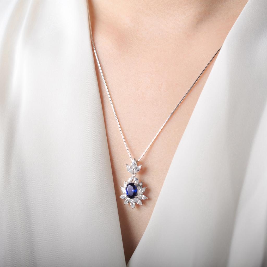 Potiy Created Sapphire Pendant Aesthetic Necklace No Chain Sterling Silver for Women Daily Wedding Party Jewelry Luxury