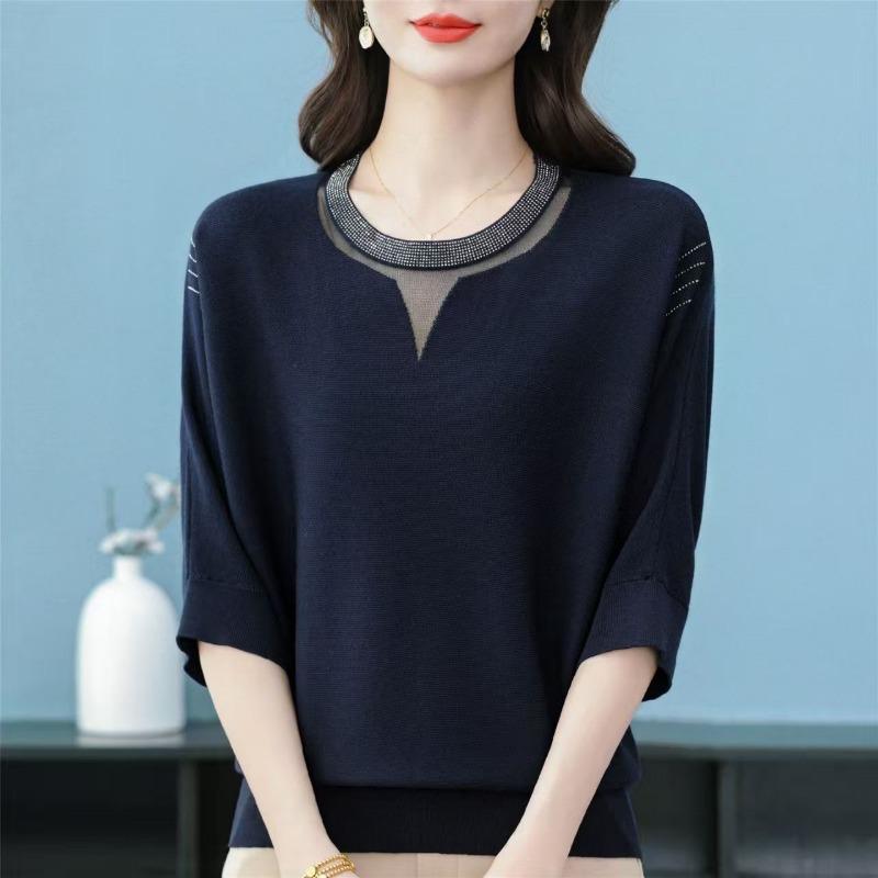 New Ice Silk Knitted Sweater with Medium Sleeves Loose Large Size Middle-aged and Elderly Women's Spring and Summer Style Top