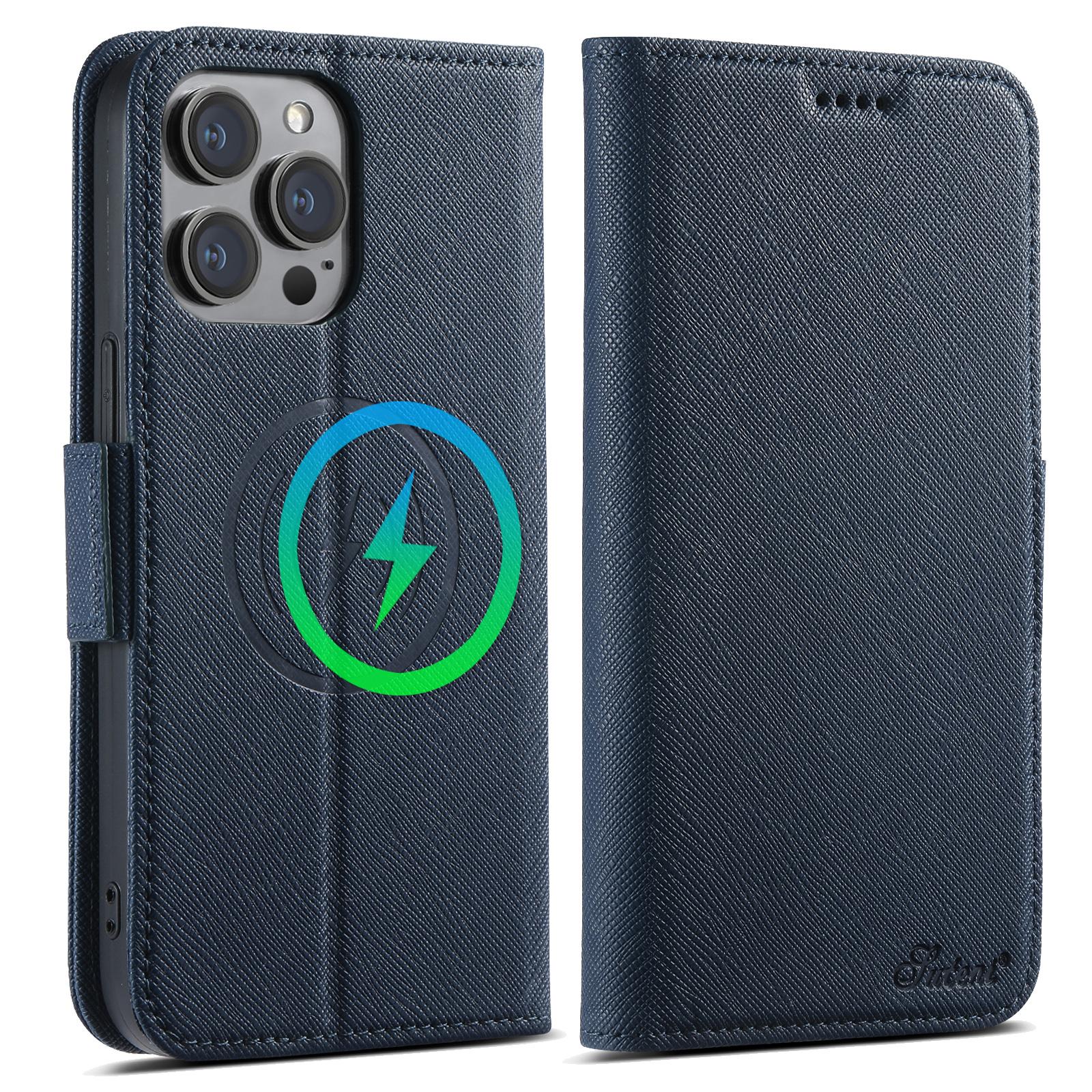 

SUTENI J08 For iPhone 14 Pro Case Compatible with MagSafe Cross Texture Leather Wallet Phone Cover Blue