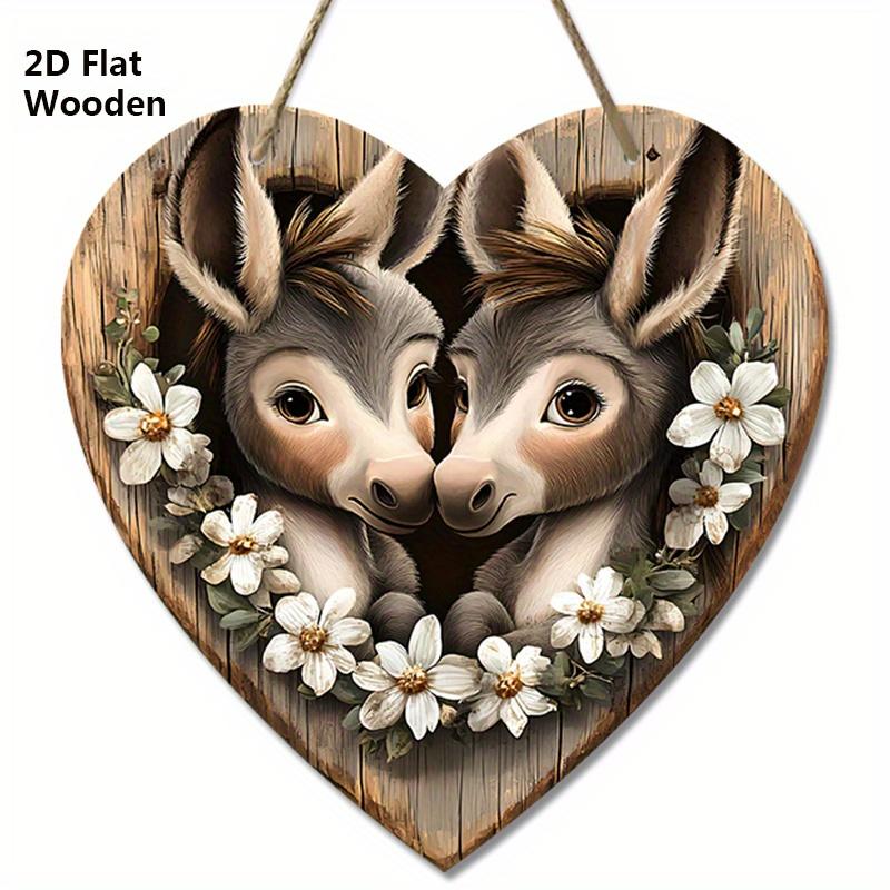 

Деревянная табличка в деревенском стиле с очаровательным рисунком осла и цветов - Табличка в форме сердца для входной двери, настенный декор - Идеальное домашнее подвесное украшение 20cm/7.87in серый