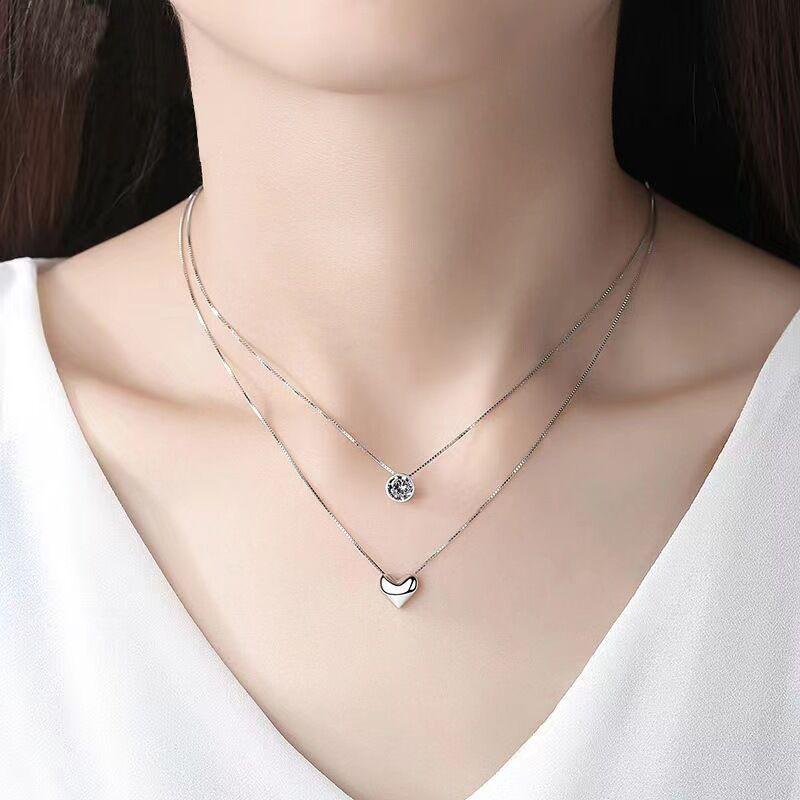 S925 Sterling Silver Heart Pendant Double Layer Necklace for Women - Versatile Clavicle Chain Gift