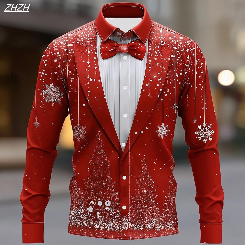 Pánská vánoční formální košile se sněhovými vločkami, 3D potisk kravaty, Elegantní smokingový styl, Oblečení na sváteční večírky a svatby, Jarní oblečení
