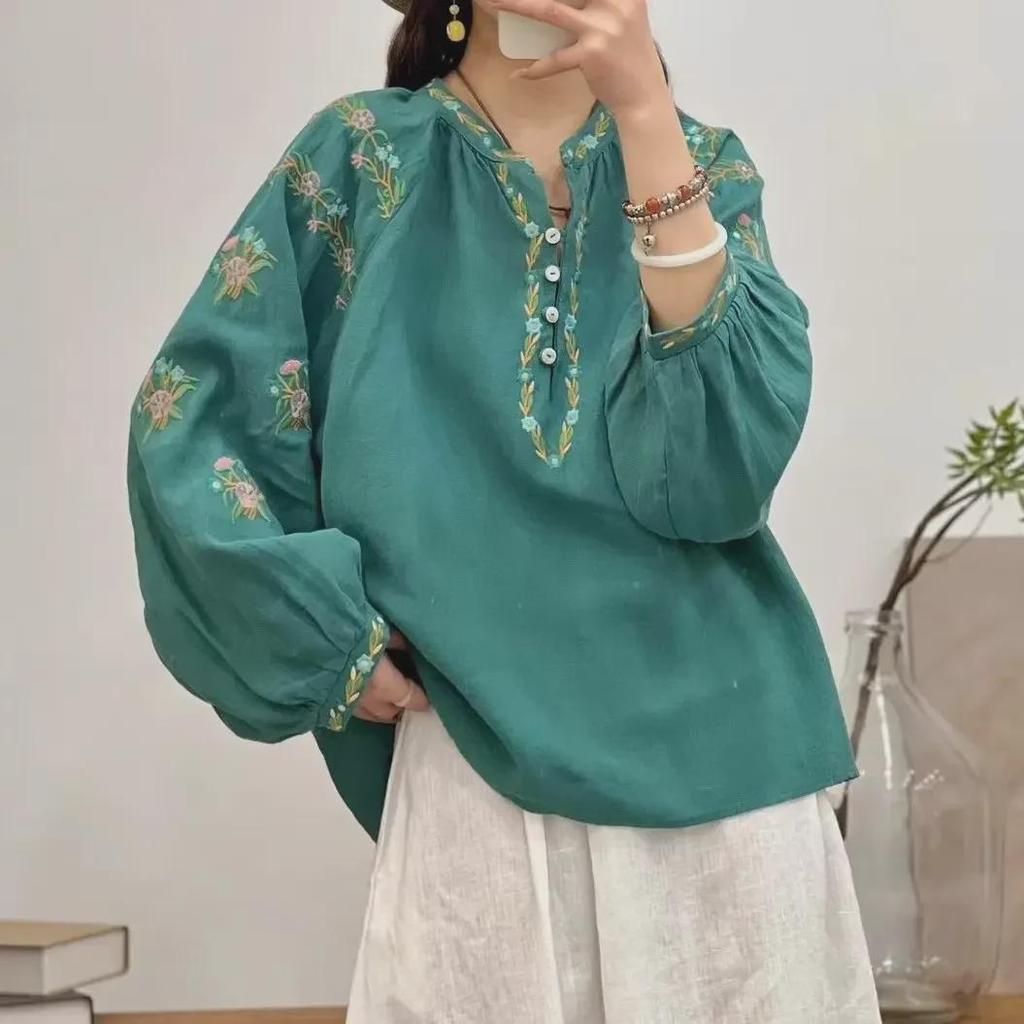 New Summer Ethnic Embroidered Long-Sleeve Cotton-Linen Shirt