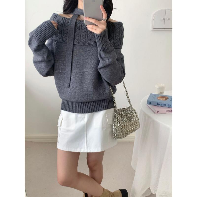 

Real shot one-word shoulder neck streamer knitted sweater autumn and winter new simple pullover soft waxy sweater women average size