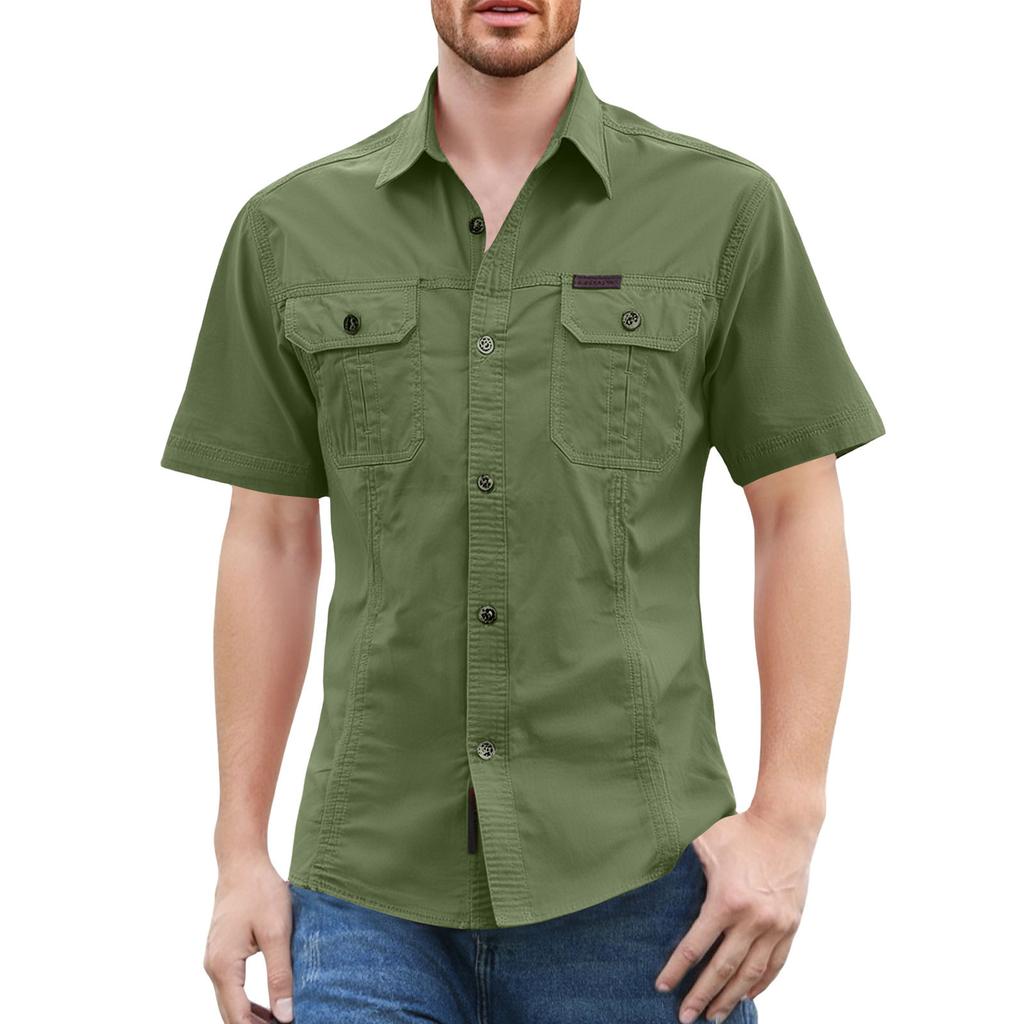 Men'S Shirt With Double Pockets Casual Short Sleeved Top Fashionable Cardigan