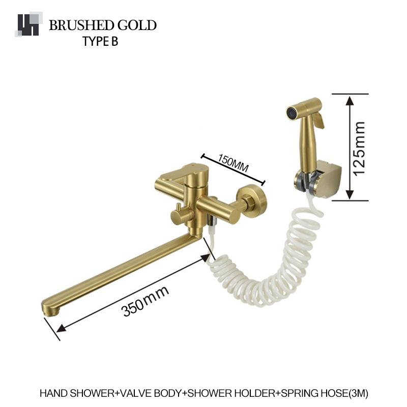 In-Wall Brushed Gold Extra Long Spout Kitchen Sink Faucet Black Hot Cold Double Hole Washbasin Mixer Water Tap Stainless Steel