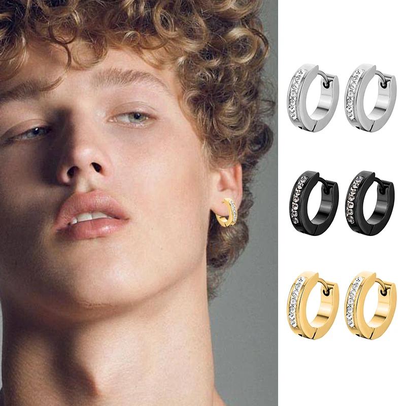 Punk Stainless Steel Hoops Earrings for Men Silver Color Crystal Earring Man Punk Style Cubic Zirconia Jewelry Male Accessories