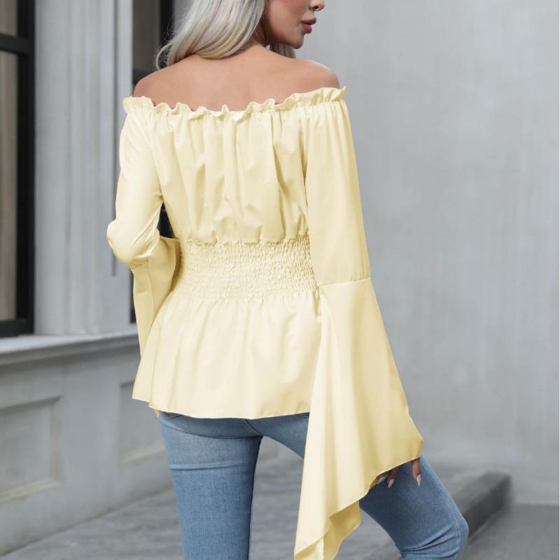 Módní Elegantní Dámská Blůza s Odkrytými Rameny Dlouhý Rukáv Plisovaná Slim Fit Elastický Pás Košile Kancelářský Streetwear Ležérní Jednoduché Sladké Jednobarevné Topy