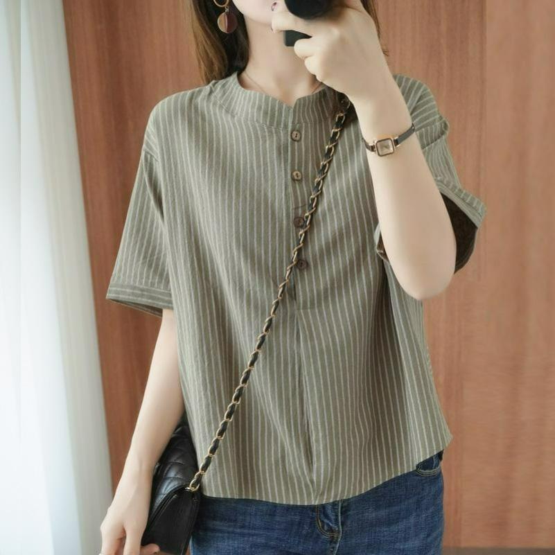 Cotton Short-sleeved T-shirt Women's Vertical Stripes Imitation Cotton and Linen Summer Loose and Thin Half-sleeved Shirt Trend