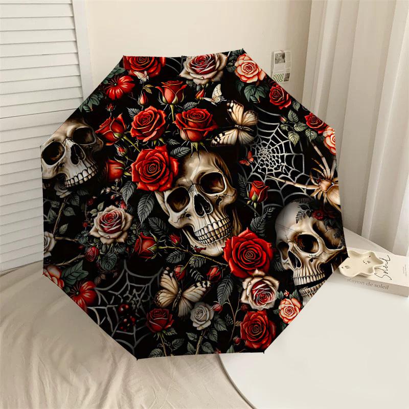 

1PC Skull Flowers Umbrella-8-Rib Reinforced Portable Folding Travel Suitable for All Seasons Outdoor Daily Use Is an Ideal Choice -K0381