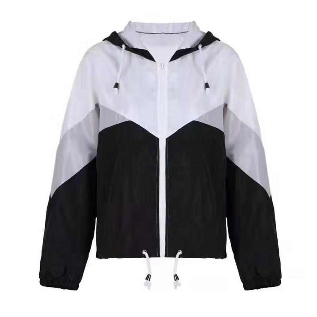 Womens  Long-sleeved Hooded Zipper  Stitching Contrast Color Windbreaker Coat