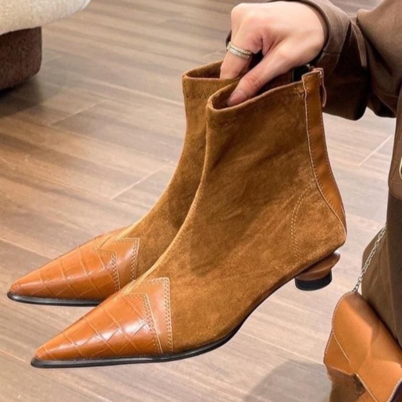 Shaped Heel Booties Fashion Pointed Toe Paneled Suede Zipper Non-Slip Wear-Resistant Low Heel Shoes