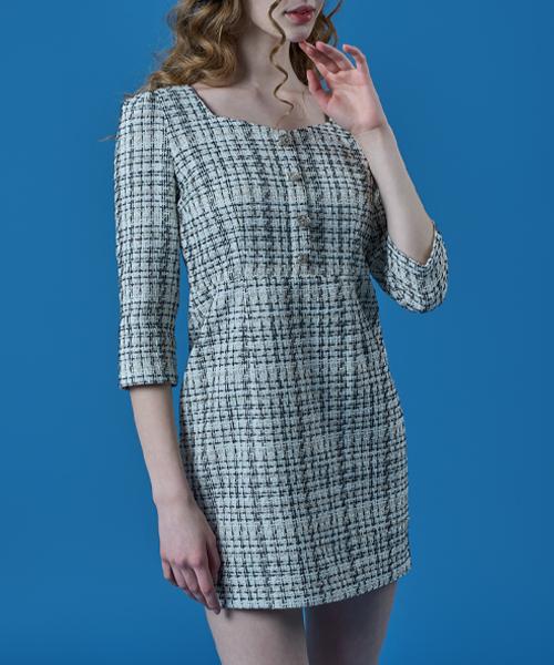 KOLEAT Tweed Vintage Square Neck Mini Dress [Ivory]