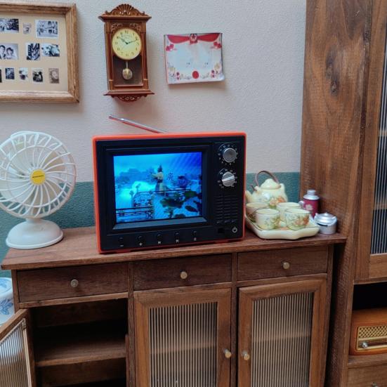 Mini TV Real Video Playback Mini Working TV for Doll Houses 1/12 Scale with Rotatable Antenna USB Rechargeable Battery Miniature Furniture Toy Gift