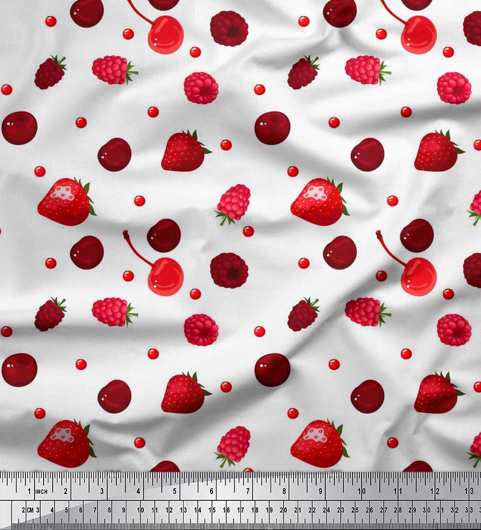 

Японська креп-атласна тканина Soimoi Малина, полуниця та вишневі фрукти з принтом 1 метр 42 дюйма 42 Inch Wide - Poly Crepe білий