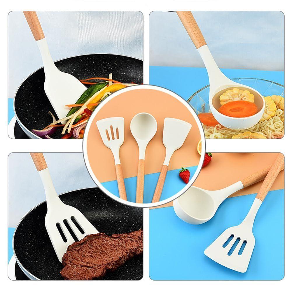 Non-Stick Silicone Cooking Utensils Set, 3 Pcs With Wooden Handle, Silicone Kitchen Gadgets