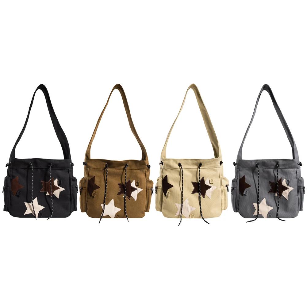 Damen Süße Umhängetasche Große Kapazität Canvas Schöne Umhängetasche Stern Applikation Y2K Street Style Schultasche für Teenager Schüler