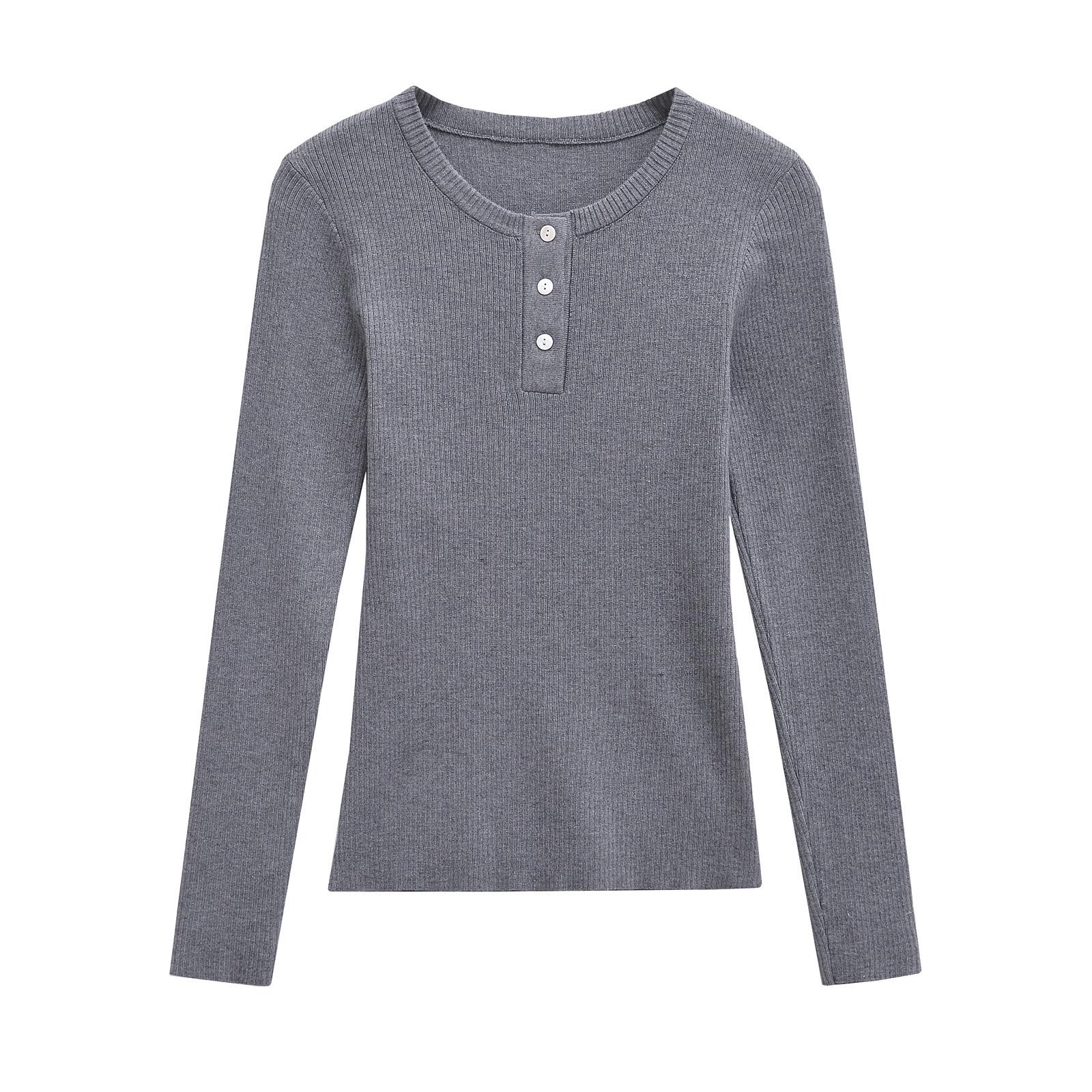 

Женская осенняя футболка 2024 года в европейском и американском стиле, на пуговицах, в рубчик, с круглым вырезом и длинным рукавом Large серый