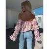 YYFS Women's Fashion Casual Summer Spring Flower Pattern Print Long Sleeve One Shoulder Blouses & Shirts