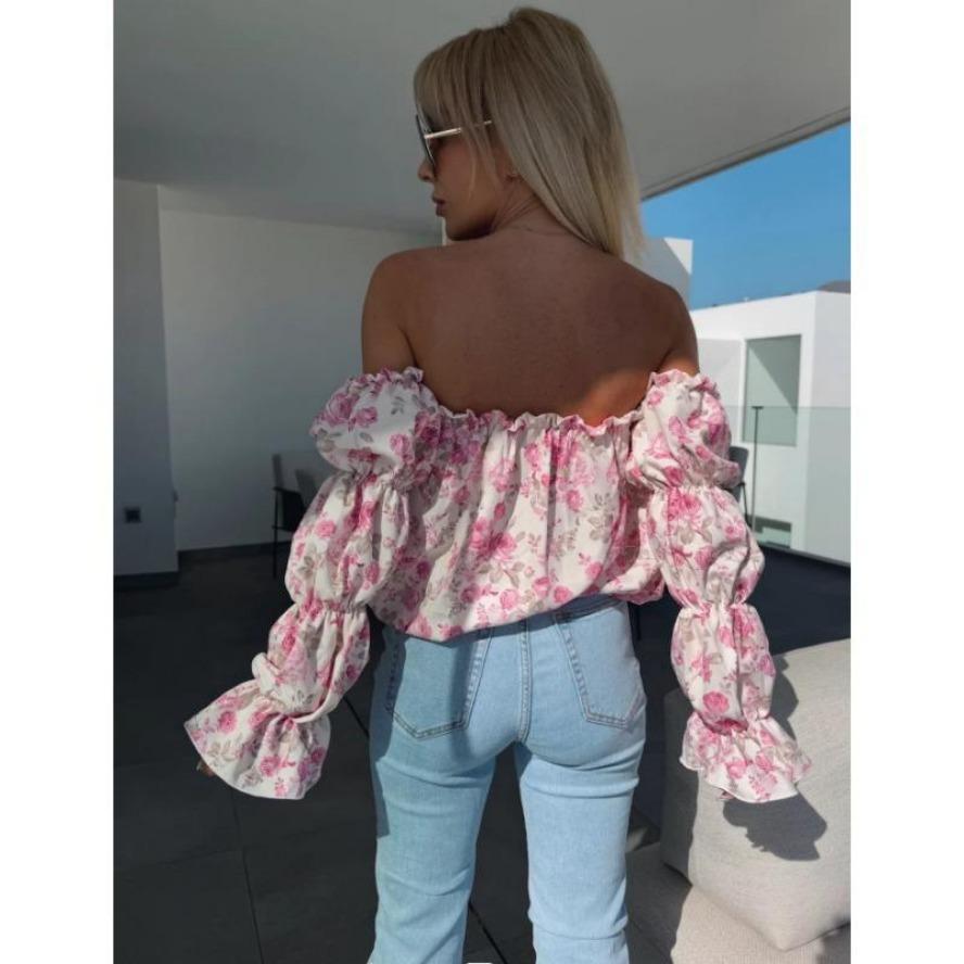 YYFS Women's Fashion Casual Summer Spring Flower Pattern Print Long Sleeve One Shoulder Blouses & Shirts