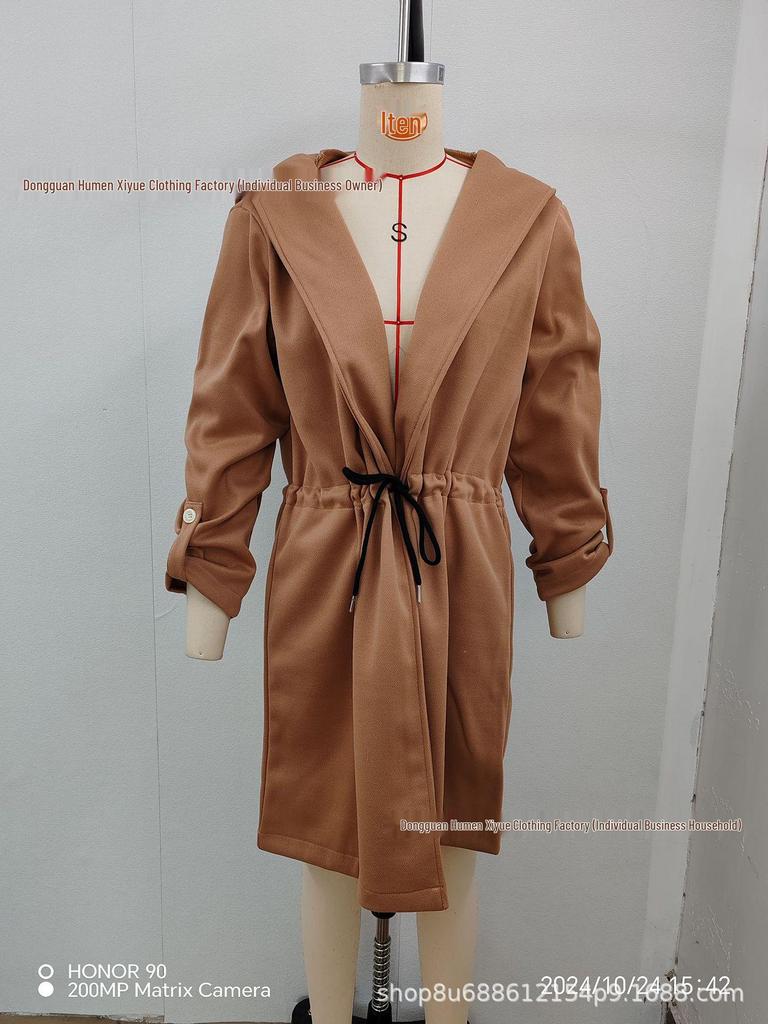 2024 European & American Women's Lace-up Hooded Lapel Long-Sleeved Casual Autumn/Winter Outerwear