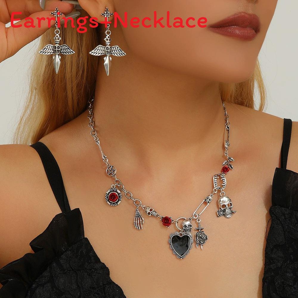 Halloween Skull Jewelry Set With Vampire Rose Pendant And Earrings For Men And Women