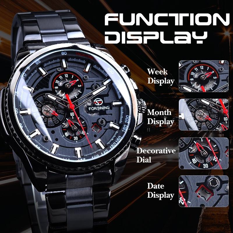 Forsining Drei Zifferblatt Kalender Edelstahl Männer Mechanische Automatische Armbanduhren Top Luxus Military Sport Männliche Uhr