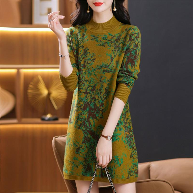 Mid-length Knitted Dress Loose Large-sized Floral Mid-length Sweater for Women Autumn and Winter Casual Long-sleeved Pullover