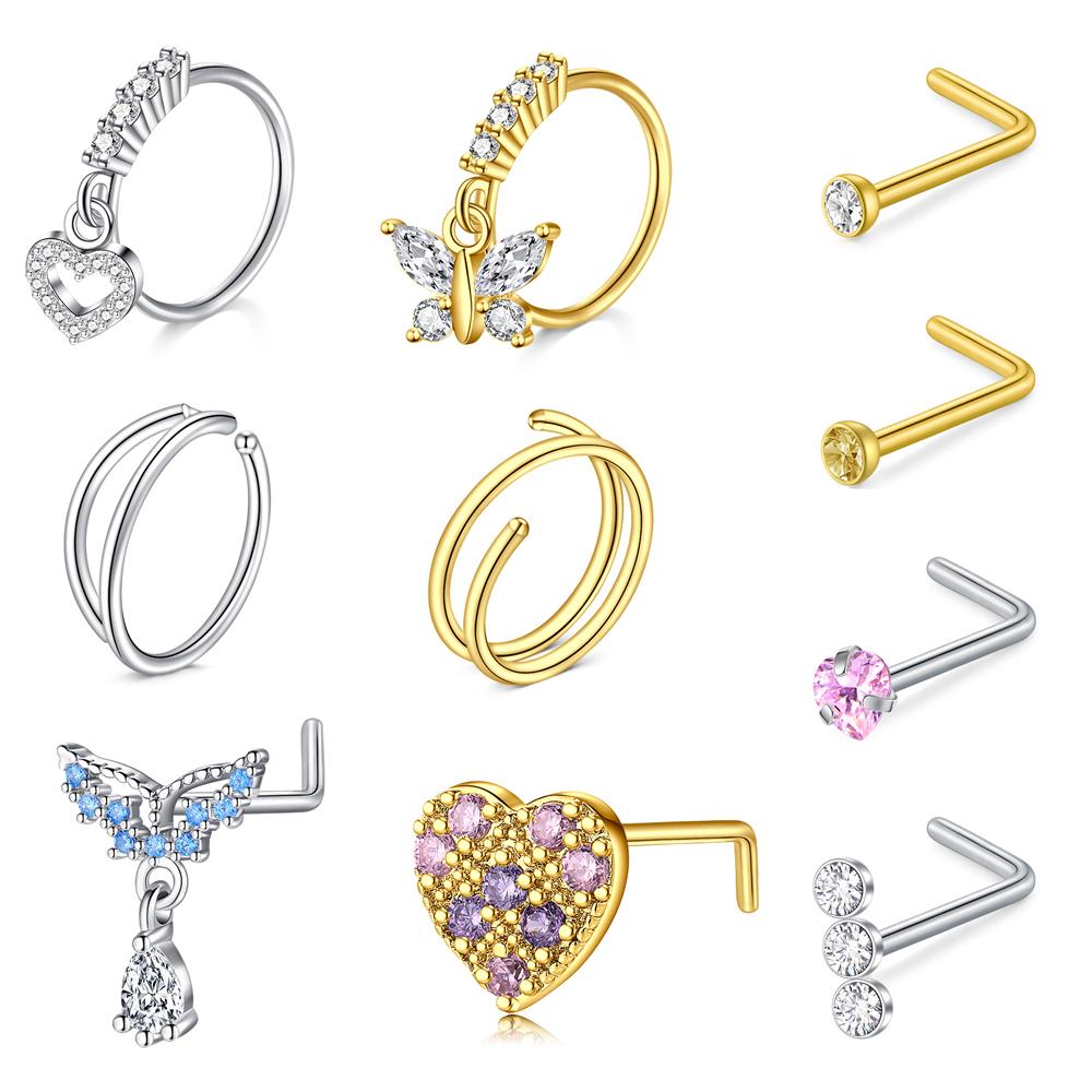 10Pcs Nose Rings Studs Surgical Steel 18 20G Nose Hoop Corkscrew L Shaped Nose Piercing Jewelry for Women