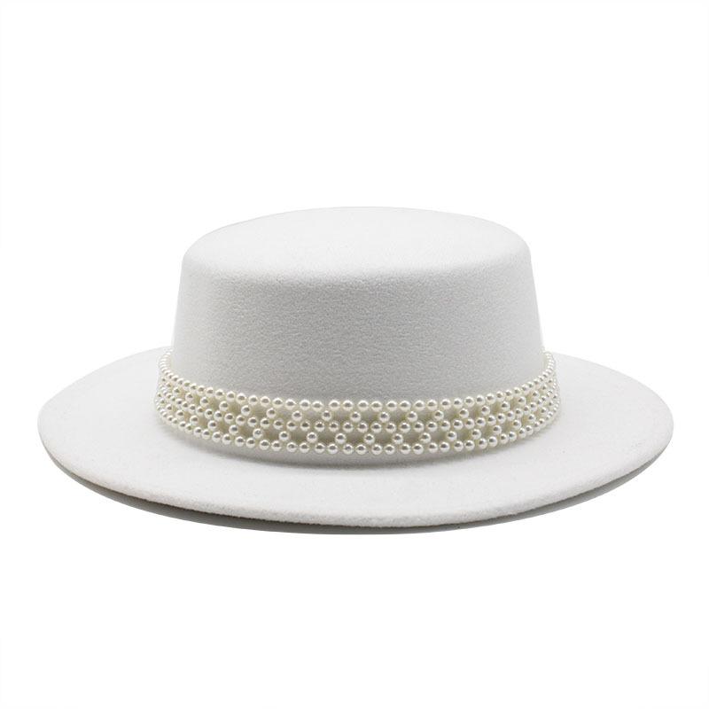French Top Hat British Retro Pearl White Wool Woolen Celebrity Girl Xiaoxiang Style Big Brim Flat Top Hat
