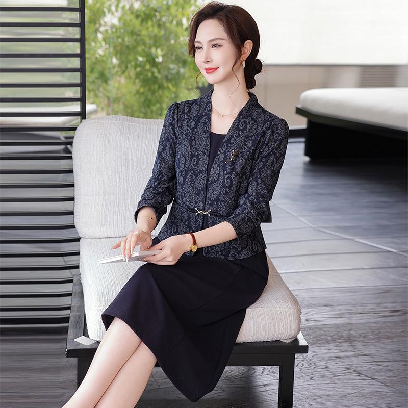 

Elegant Spring/Autumn Faux Two-Piece Midi Dress for Stylish Moms XL [Recommended 105-120 lbs] темно-синього кольору