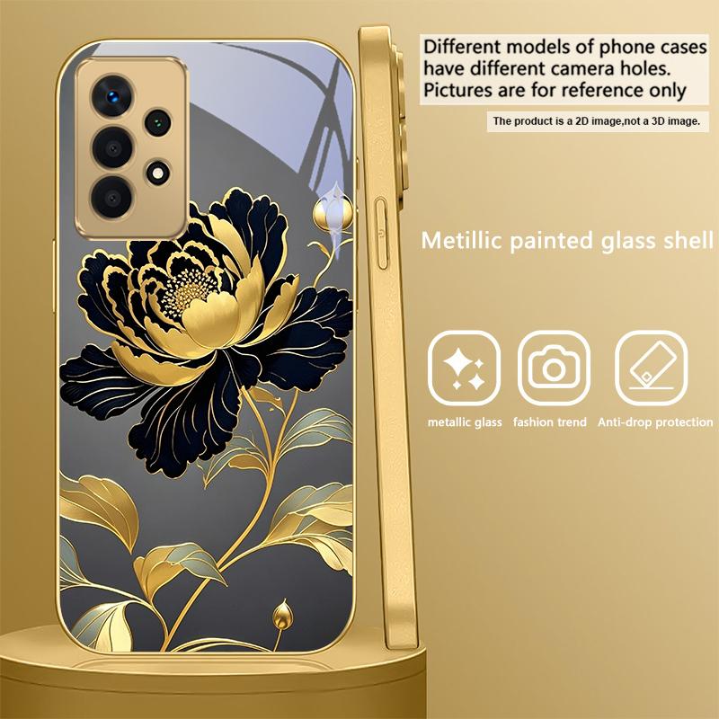 Black Gold Peony Flower For Samsung A 01 52S A04 A05S A10 A12 13 22 23 24 36 42 M02 Note 10 20Ultra 8 9 Golden glass phone case
