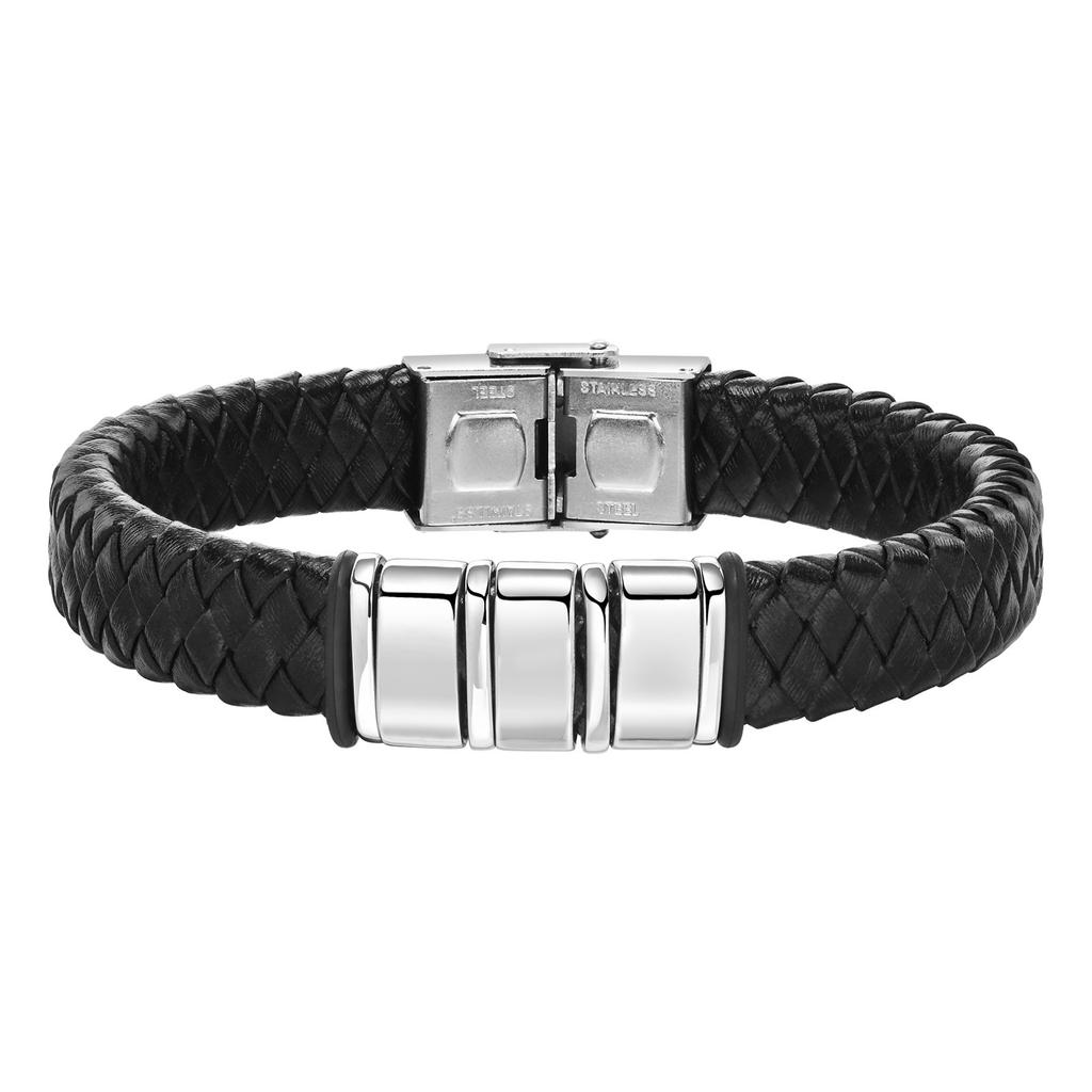 Custom Beaded Braided Bracelets For Men Leather Stainless Steel Black Silver Color Personalized Bangle Name Family Father Gift