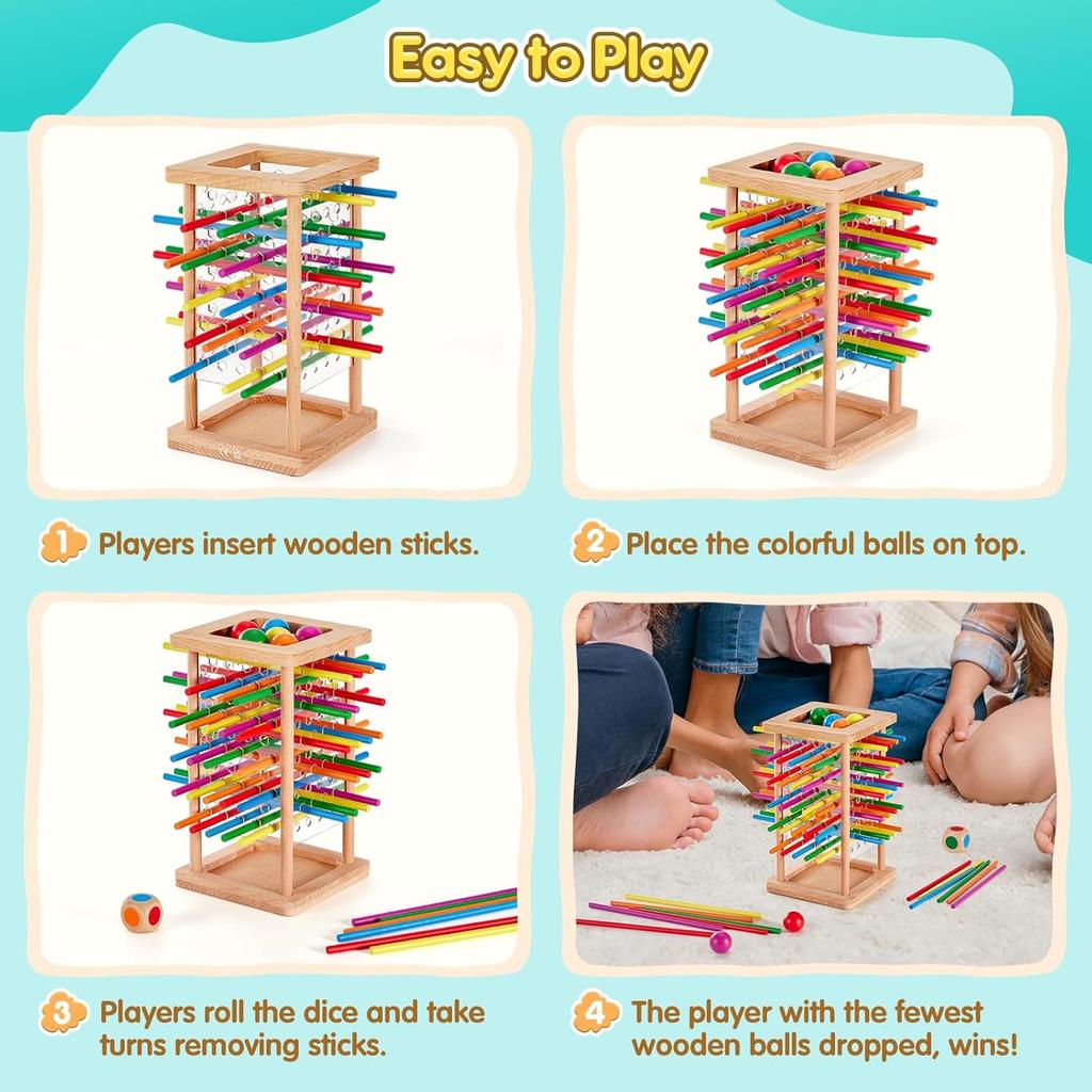 Montessori Game Wooden Board Game, 48 Colorful Sticks Dice Game for 3 4 5 6 Year Old, Kerplunk Game for Kids Math Educational Toys for 3 Years Old,
