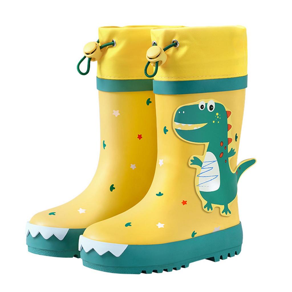 Kids Rain Boots Slip Resistant Cartoon Dinosaur Waterproof Rubber Children Tall Rain Shoes for Boys Girls Yellow and