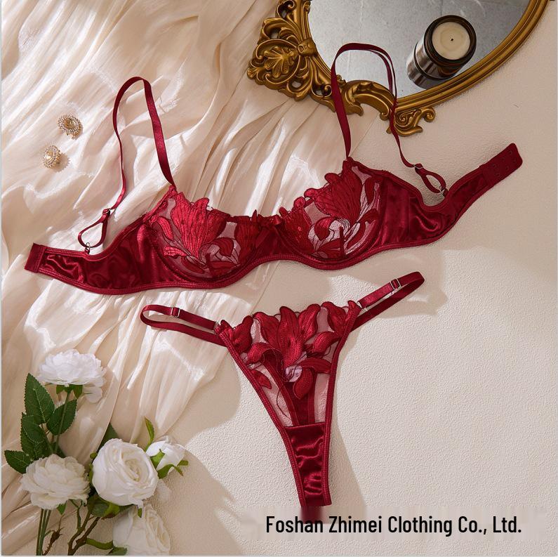 

Европейский и американский комплект нижнего белья с цветочной вышивкой - Сексуальный эротический бюстгальтер для женщин Medium вино красного