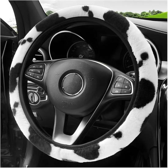 Cow Print Car Accessories Set, Soft Fluffy Plush Cute Cow Steering Wheel Cover & Handbrake Cover, Warm Furry Cow Print Armrest Mat & Shift Gear