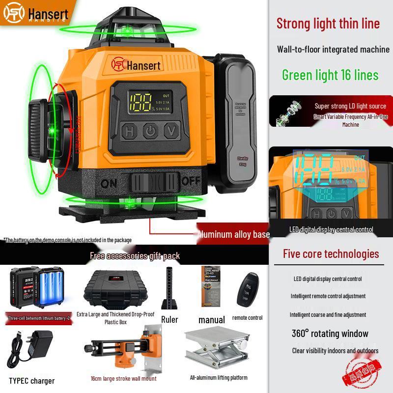 16-line High Precision Green Laser Level with Automatic Leveling for Indoor/Outdoor Use