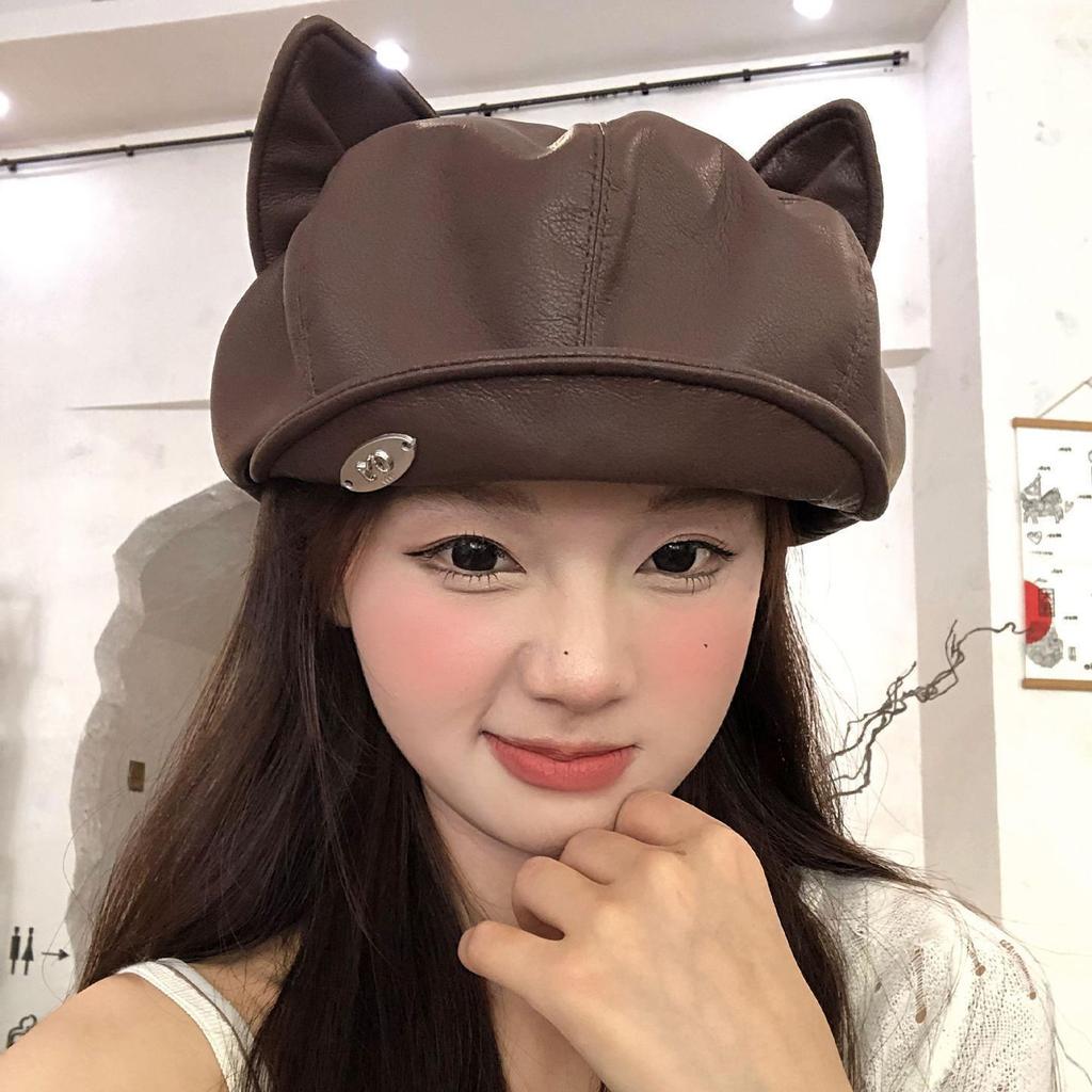 Japanese High-Quality Pleated Leather Beret Children Autumn And Winter Big Head Circumference Literary And Retro Octagonal Hat Painter Hat Tide