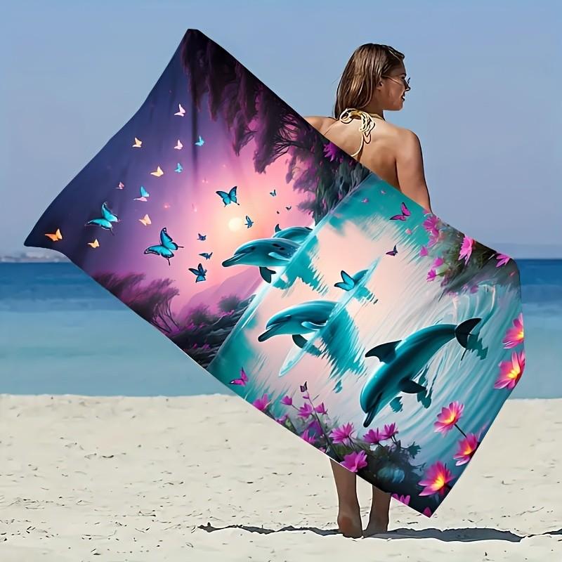 Lagune au Coucher du Soleil Dauphin Papillon Floral Tropical Dégradé Impression d'Art Microfibre Séchage Rapide Serviette de Plage Rêveuse Côtière Serviette de Bain