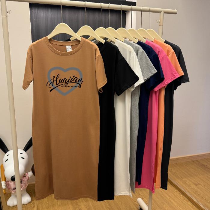 A Loose, Large-sized, Hong Kong-style Design Short-sleeved, Mid-length, Slit T-shirt Dress for Women In Summer